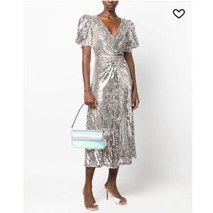 Rotate Birger Christensen Sierina Dress Silver Sequin Puff Sleeve Midi Size 6
